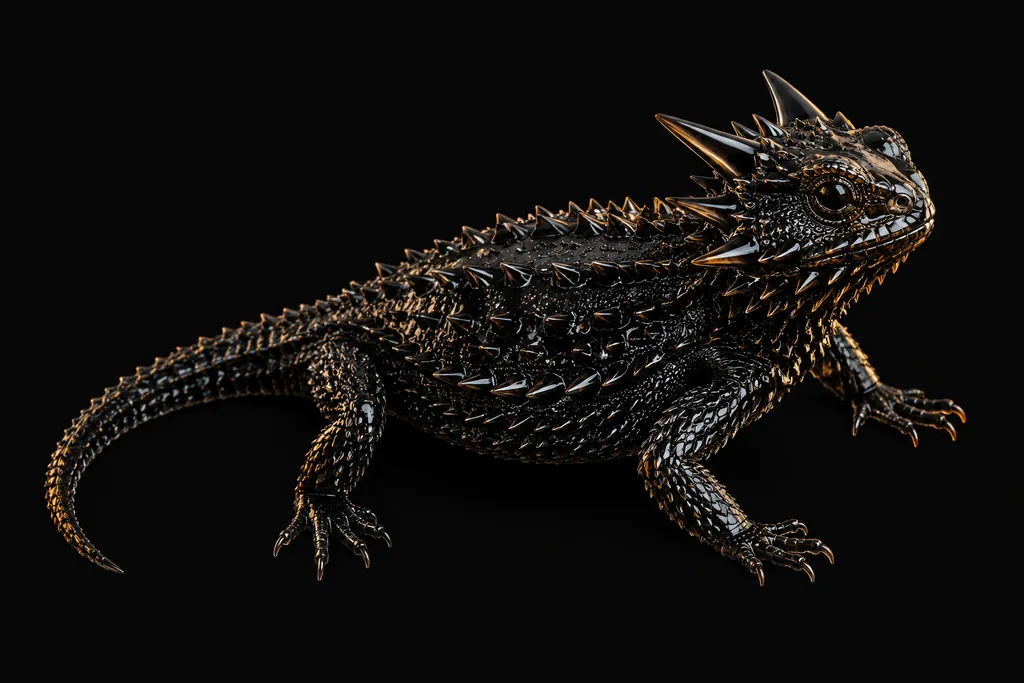 A metallic sculpture of a horned lizard, lit from above.